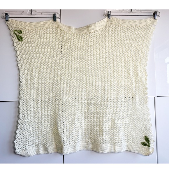 Gender Neutral Handmade Baby Blanket Crochet Butter Yellow with Green Leaves - Picture 3 of 3